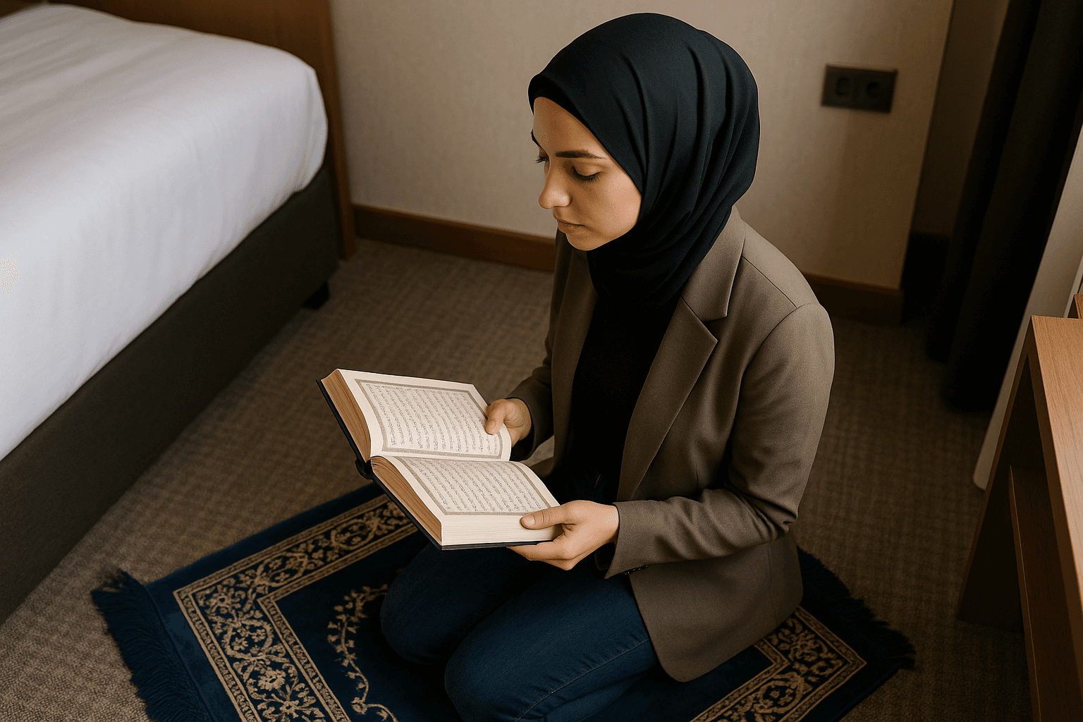 muslim-woman-reading-quran-in-hotel-room
