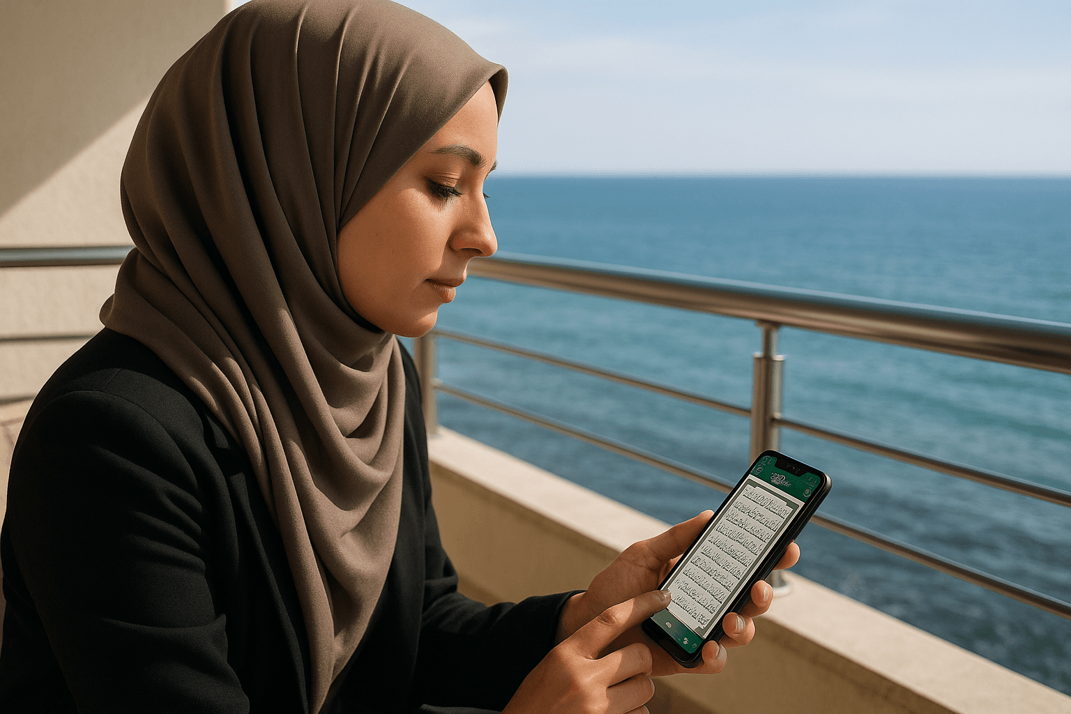 muslim-woman-reading-quran-on-phone-with-sea-view