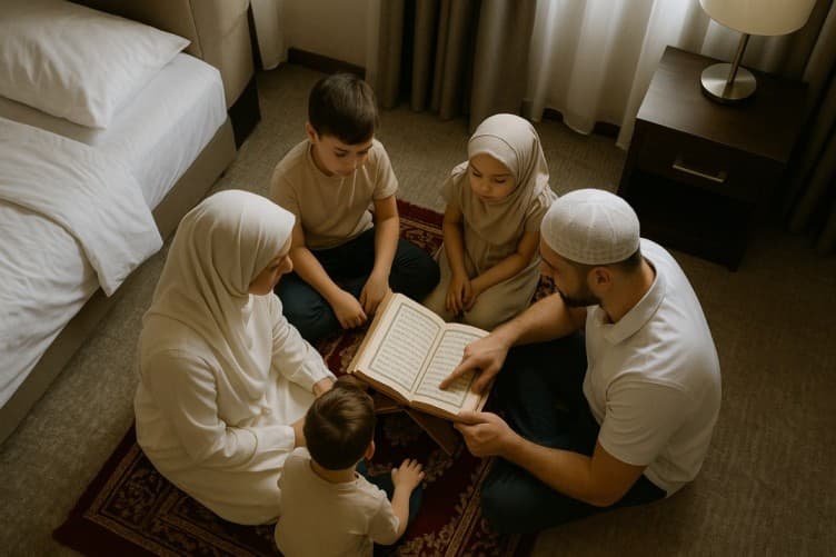 muslim-family-reading-quran-in-hotel-room