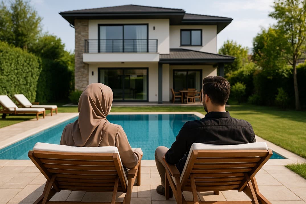 muslimisches-Paar-steht-vor-seinem-Pool